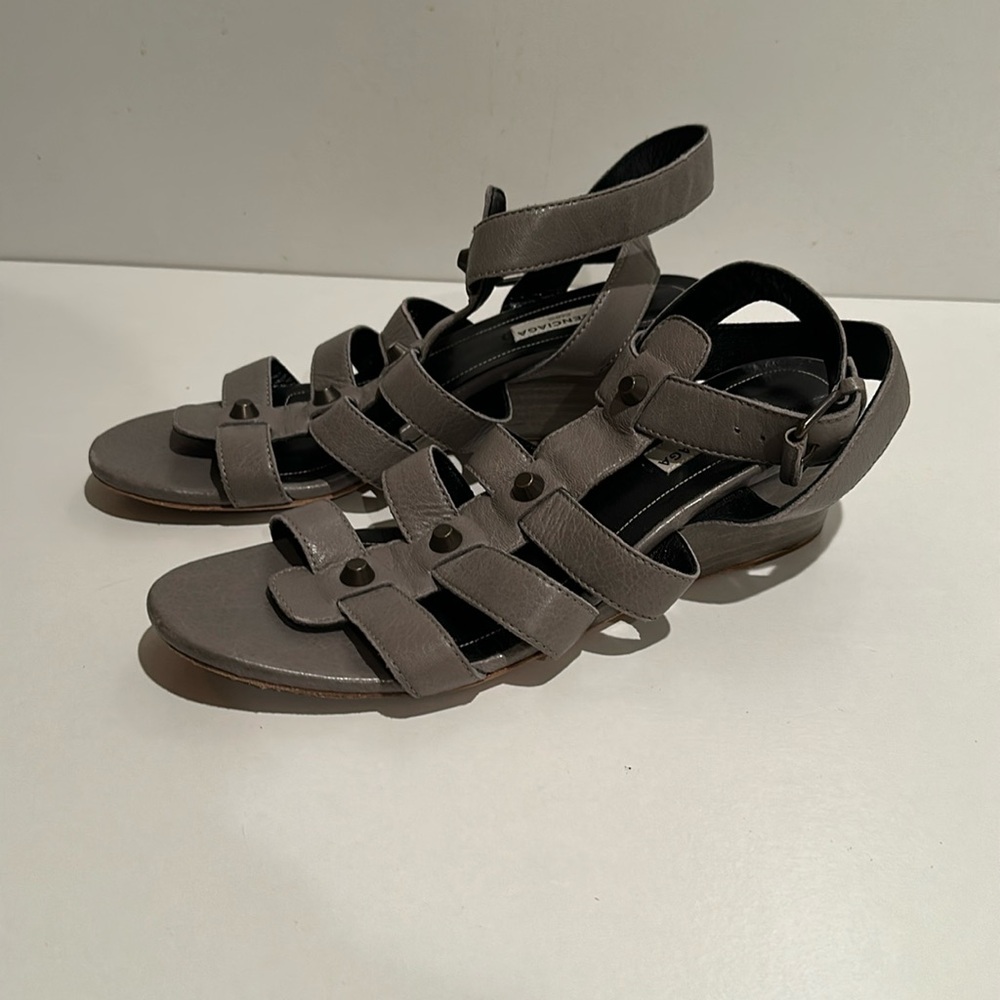 Gray studded Balenciaga wedge sandals